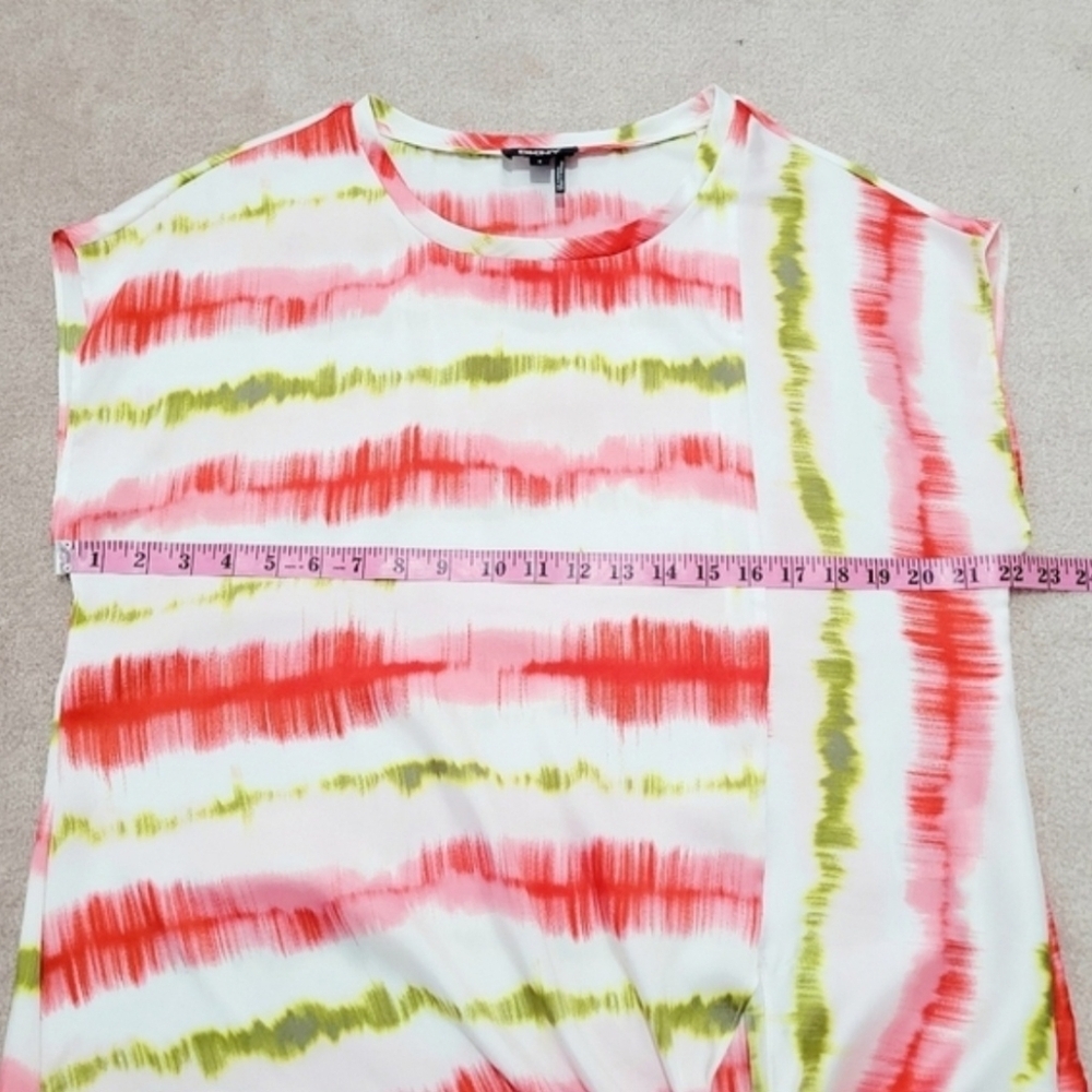 DKNY Tie Front Blouse Top Women’s M Red Green Abstract Stripe Short Sleeve - Picture 7 of 11